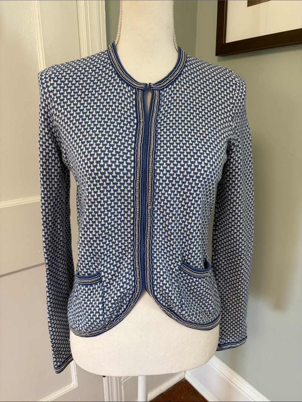 J. McLaughlin Blue White Knit Open-Front Cardigan Cotton Chain Details size XS